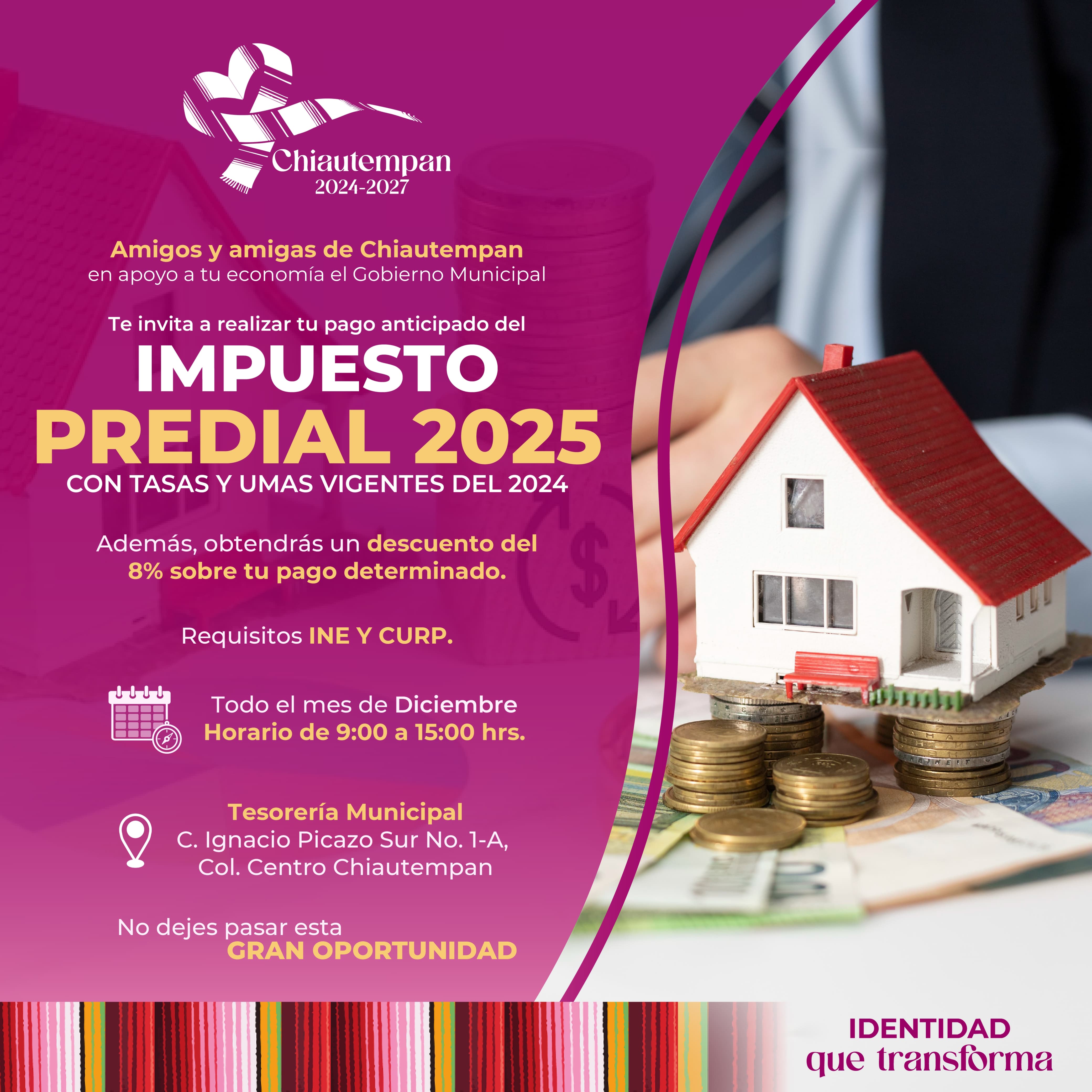 Descuento y precio de 2024 ofrece Chiautempan en pago anticipado de predial 2025